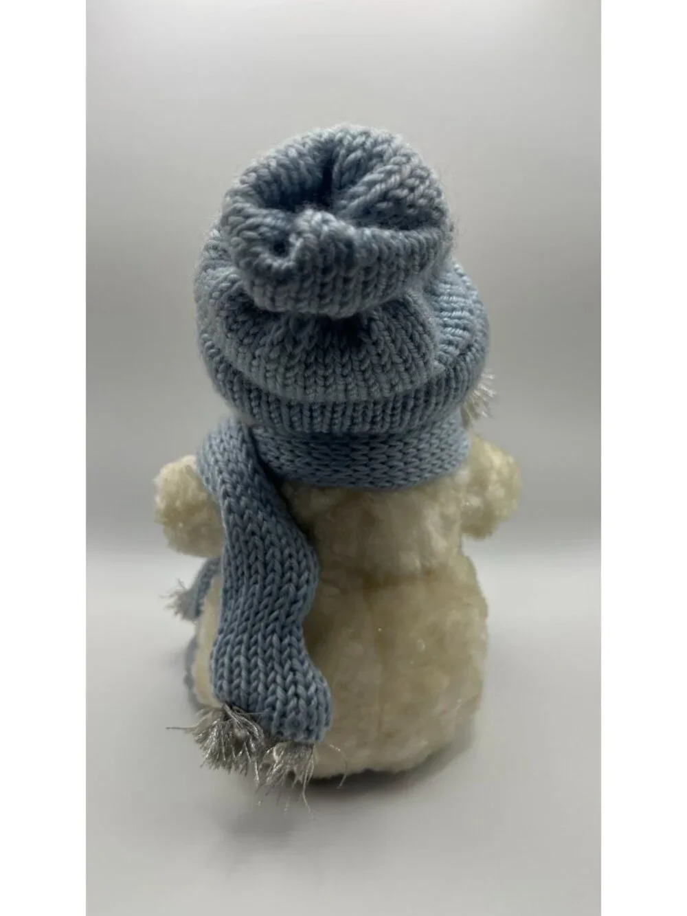 Plush Snowman Decoration With Knit Hat & Scarf Button Details And Silver Accents